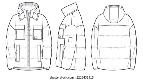 Hooded down Jacket, Coat technical fashion Illustration. Padded Jacket fashion flat drawing template, zip closure, multi pockets, front, side and back view, white color, women, men, unisex CAD mockup.