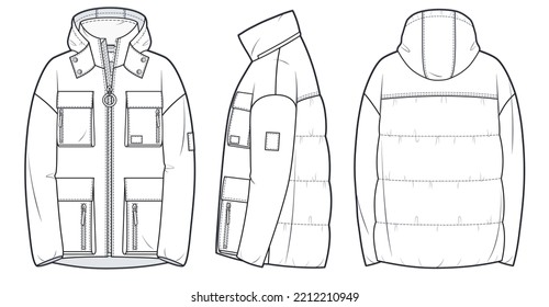 Hooded down Jacket technical fashion Illustration  Padded Jacket fashion flat drawing template  zip closure  multi pockets  front  side   back view  white color  women  men  unisex CAD mockup 