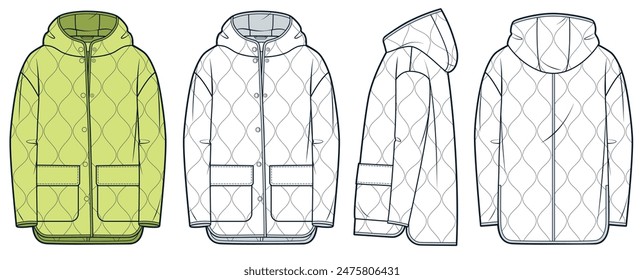 Kapuzenjacke technische Mode Illustration. Gesteppte gepolsterte Jacke Mode flache technische Zeichnung Vorlage, Front-, Seiten- und Rückansicht, Weiß, Limettenfarbe, Damen, Männer, Unisex CAD Mockup Set.