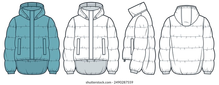 Hooded Down Jacket technical fashion Illustration. Padded Jacket fashion flat technical drawing template, pockets, front, side and back view, white, retro blue, women, men, unisex CAD mockup set.