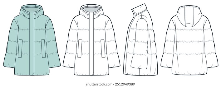 Ilustração de moda técnica com capuz Down Jacket. Modelo de desenho técnico plano de moda Bell Sleeve Jacket, bolsos, frente, vista lateral e traseira, branco, verde, mulheres, homens, conjunto de maquete CAD unisex.