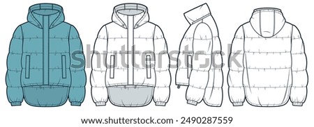 Hooded Down Jacket technical fashion Illustration. Padded Jacket fashion flat technical drawing template, pockets, front, side and back view, white, retro blue, women, men, unisex CAD mockup set.