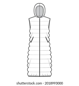 Hooded Down vest puffer waistcoat technical fashion illustration with sleeveless, oversized, midi length, classic quilting. Flat template front, white color style. Women, men, unisex top CAD mockup