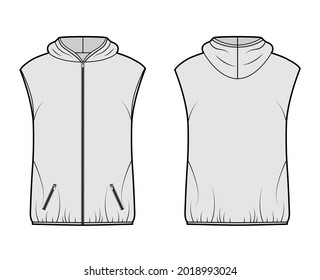 Hooded Down vest puffer waistcoat technical fashion illustration with zip-up closure, pockets, oversized body, hip length. Flat template front, back grey color style. Women, men, unisex top CAD mockup