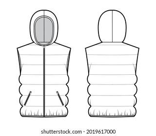 Hooded Down vest puffer waistcoat technical fashion illustration with sleeveless, loose fit, hip length, classic quilting. Flat template front, back, white color style. Women, men, unisex top mockup