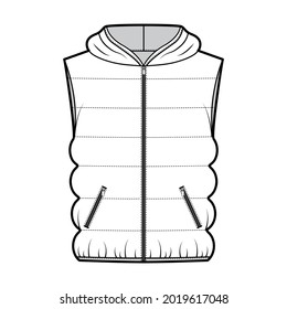 Hooded Down vest puffer waistcoat technical fashion illustration with sleeveless, loose fit, hip length, classic quilting. Flat template front, white color style. Women, men, unisex top CAD mockup