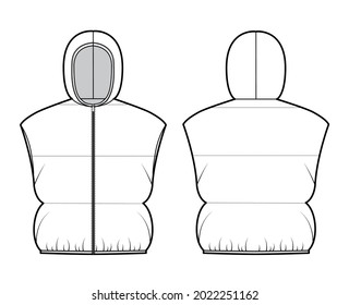 Hooded Down Vest Puffer Waistcoat Technical Fashion Illustration With Zip-up Closure, Loose Fit, Crop Length, Wide Quilting. Flat Template Front, Back, White Color Style. Women, Unisex Top CAD Mockup