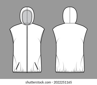 Hooded Down vest puffer waistcoat technical fashion illustration with zip-up closure, pockets, oversized body, hip length. Flat template front, back, white color style. Women, men, unisex CAD mockup