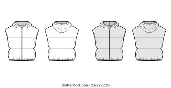 Hooded Down vest puffer waistcoat technical fashion illustration with loose fit, crop length, wide quilting. Flat template front, back, white, grey color style. Women, men, unisex top CAD mockup