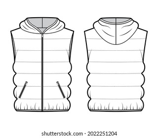 Hooded Down vest puffer waistcoat technical fashion illustration with sleeveless, loose fit, hip length, classic quilting. Flat template front, back, white color style. Women, men, unisex CAD mockup