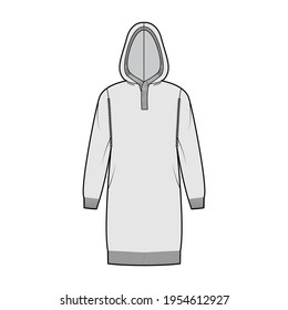 Hooded dress Sweater technical fashion illustration with rib henley neck, long sleeves, relax fit, knee length, knit rib trim. Flat jumper apparel front, grey color style. Women, men unisex CAD mockup