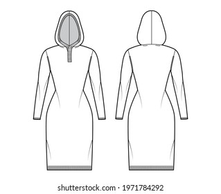 Hooded dress Sweater technical fashion illustration with rib henley neck, long sleeves, slim fit, knee length, knit rib trim. Flat jumper apparel front, back, white color style. Women, men CAD mockup