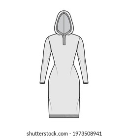 Hooded dress Sweater technical fashion illustration with rib henley neck, long sleeves, slim fit, knee length, knit rib trim. Flat jumper apparel front, grey color style. Women, men unisex CAD mockup