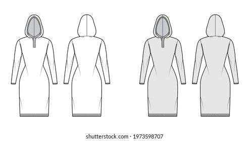 Hooded dress Sweater technical fashion illustration with rib henley neck, long sleeves, slim fit, knee length, knit rib trim. Flat apparel front, back, white grey color. Women, men unisex CAD mockup