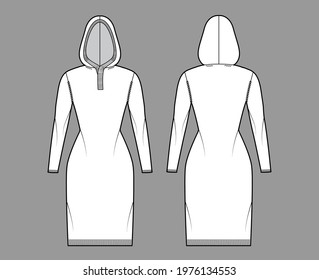 Hooded dress Sweater technical fashion illustration with rib henley neck, long sleeves, slim fit, knee length, knit rib trim. Flat jumper apparel front, back, white color style. Women, men CAD mockup