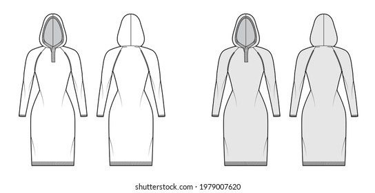 Hooded dress Sweater technical fashion illustration with long raglan sleeves, slim fit, knee length, knit rib trim. Flat jumper apparel front, back, white grey color style. Women men unisex CAD mockup