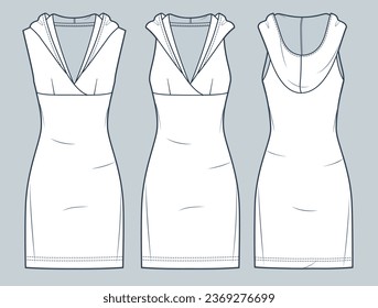 Hooded Dress technical fashion Illustration. Set of jersey Dress fashion flat technical drawing template, slim fit, mini length, sleeveless, front and back view, white, women CAD mockup set.