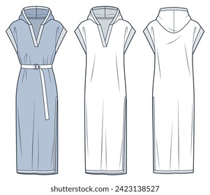 Hooded Dress Technical Modeillustration. Jersey Midi Dress Mode flach technische Zeichnung Vorlage, Seitenschlitz, entspannte Passform, Strick, Gürtel, Rib, Front-und Backview, weiß, blau, Frauen CAD Mock up Set.