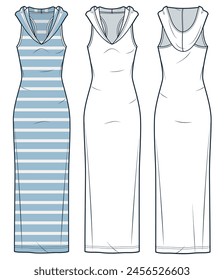 Hooded Dress technical fashion illustration, striped design. Jersey maxi Dress fashion flat technical drawing template, slim fit, front and back view, white, blue, women CAD mockup set.