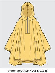HOODED DROP SHOULDER PONCHO JACKET WITH HALF ZIPPER DETAIL DESIGNED FOR WOMEN AND TEEN GIRLS IN VECTOR ILLUSTRATIONS
