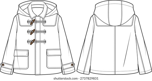 Hooded Duffle Coat Jacket Technical Drawing Flat Sketch Vector