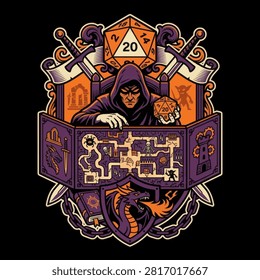 A hooded dungeon master plays a tabletop role playing game