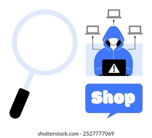 A hooded figure with a laptop and warning sign, surrounded by laptops, magnifying glass, and shop text. Ideal for cybersecurity, online shopping, internet safety, hacker threats, and e-commerce