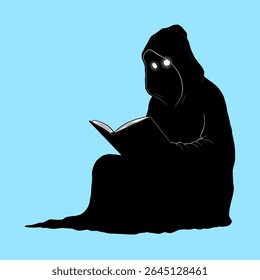 Figura encapuzada lendo um livro nas sombras contra um fundo azul pálido dando vibrações misteriosas