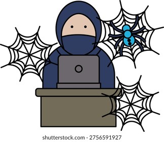 Hooded figure sits at desk using laptop. Spiders spin webs around the person. Scene suggests online hacking or surveillance. Image conveys digital danger or secrecy