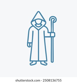 Hooded figure with staff illustration. Line art illustration of a mysterious figure wearing a hooded robe and holding a staff. Perfect for mystical, spiritual, or fantasy themed projects.