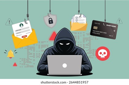 Hooded Figure Typing on Laptop, Sending Malicious Links, Phishing Victims, Stealing Cards, Cyber Attack and Identity Theft Concept