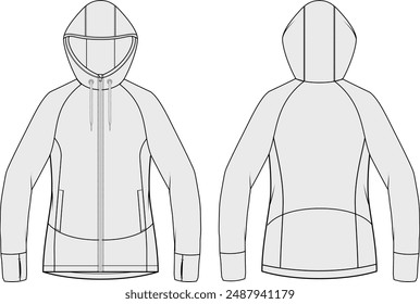 Hooded fleece jacket technical CAD fashion illustration front and back views