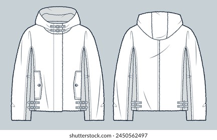 Kapuzenpelzjacke technische Mode-Illustration. Fell- und Lederjacke Mode flache technische Zeichnung Vorlage, Schnallenverschluss, Vorder- und Rückansicht, Weiß, Damen, Herren, Unisex CAD Mockup.