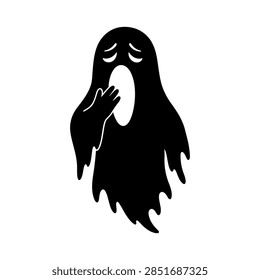 Hooded Ghost With Long Face Vector Silhouette, Creepy Halloween Mysterious Specter Illustration