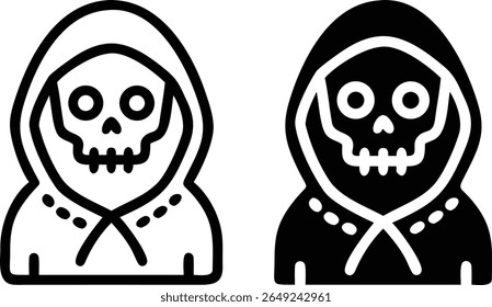 Conjunto de ícone de crânio de ceifa com capuz - Ilustração de vetor de esqueleto de morte preta e branca