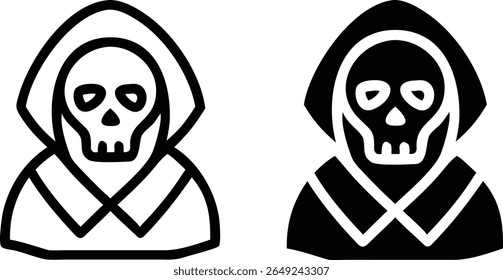 Conjunto de ícone de crânio de ceifa com capuz - Ilustração de vetor de esqueleto de morte preta e branca