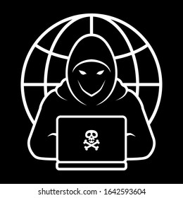 Hooded Hacker or Anonymous with Globe and Laptop Logo Icon Vector