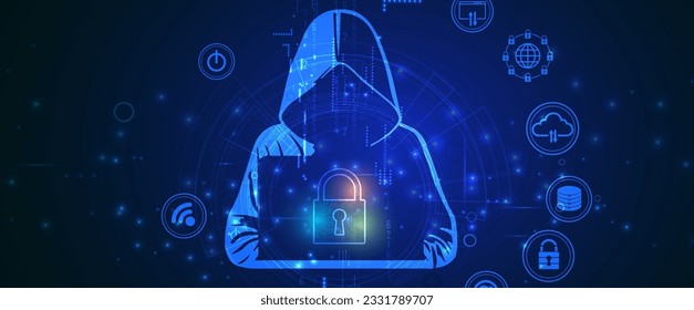 The hooded hacker from behind standing among working servers. Security technology