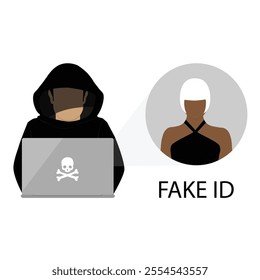 Hooded hacker fake ID online security concept. Hacker and Cyber criminals vector icon