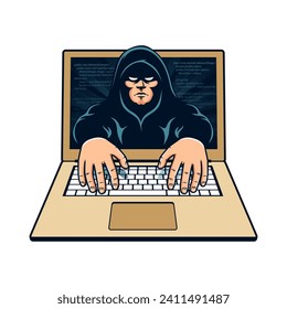 Hooded hacker gains remote access to laptop. A hacker takes control of a computer. Vector illustration.