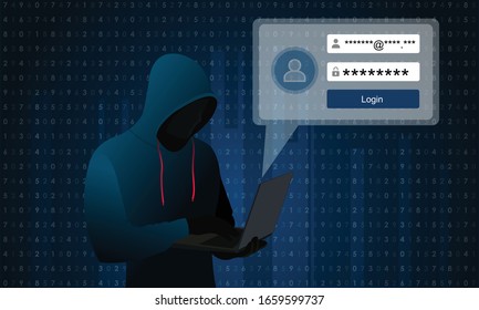 Hooded Hacker hacking or trying to login in, on binary code Background. Hacking and malware concept.