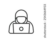 Hooded hacker, icon in line design. Hooded, hacker, cybersecurity, anonymous, dark, computer, threat on white background vector. Hooded hacker editable stroke icon