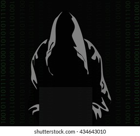 Hooded hacker on binary code background