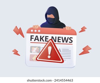 Hooded hacker person using computer in infodemic concept with digital disinformation. Fake news trendy 3D conception. Newspaper, cyberattack, internet troll. Elements for banners, poster, social media