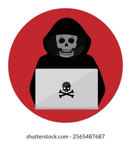 Hooded hacker with skull face online security concept. Hacker and Cyber criminals vector icon