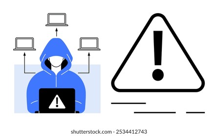 Un hacker encapuchado usa una computadora portátil con un símbolo de advertencia y computadoras portátiles conectadas. Una señal de advertencia de signo de exclamación Grande está a su lado. Ideal para ciberseguridad, piratería informática, amenazas, seguridad informática y advertencias