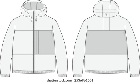 Hooded hard shell jacket technical CAD fashion illustration front and back views Template for Outerwear Design and Sportswear Tech Packs