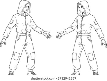 Hooded jacket and cargo pants sketch, mirrored figure pose, black and white vector, fashion illustration, streetwear design, character concept, casual outfit layout.
