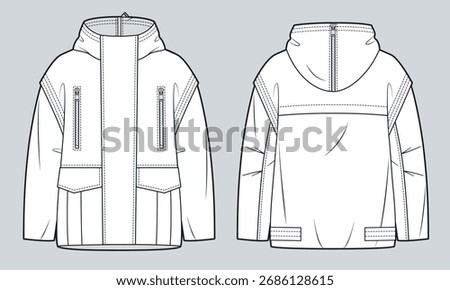 Hooded Jacket with chest zipper pockets fashion flat sketch. Parka Coat fashion flat technical drawing template, detachable sleeves, front and back view, white, women, men, unisex CAD mockup.