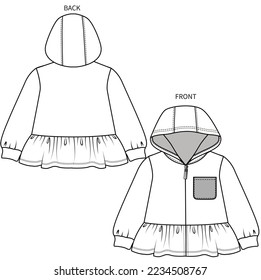 HOODED JACKET WITH CONTRAST POCKET DETAILFOR TODDLER AND BABY GIRLS IN EDITABLE VECTOR